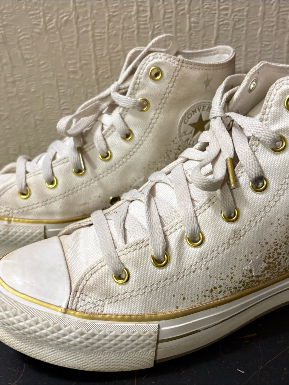 Converse High Top Sneakers - White with Gold Accents (WOMENS Size 5)